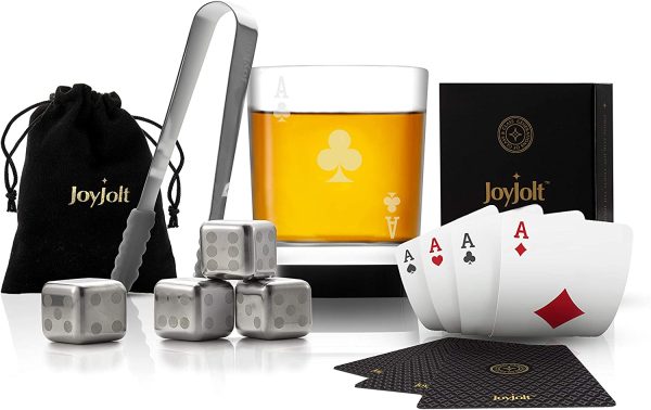 JoyJolt Poker Whiskey Glass Set - Ace of Clubs Semi Square Rocks Glass Tumbler, 4x Dice Whiskey Stones, Dice Bag, Playing Cards Deck, Mini Tongs for Reusable Ice Cubes. Cool Whiskey Gifts for Men